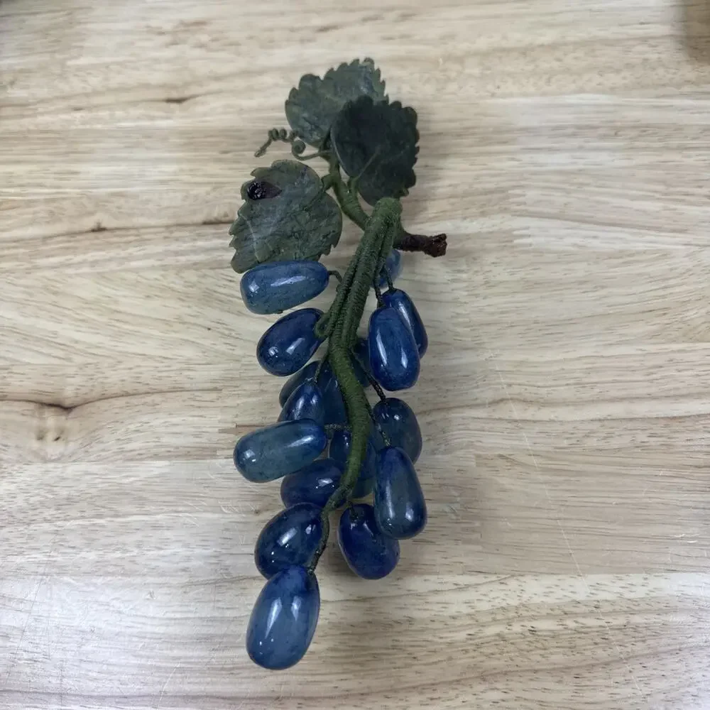 Vintage Set Of 2 Blue Agate Stone Grape Clusters With Jade Stone Leaves